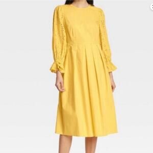 Who What Wear Yellow Cotton Lace Puff Long Sleeve Midi Dress